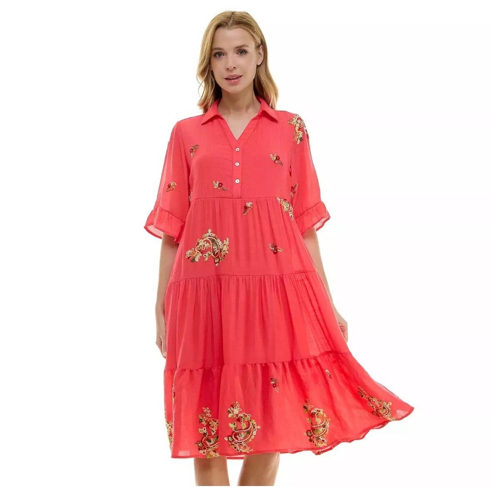 NWT $99 Figueroa&Flower Pink Embroidered Tiered Peasant Boho Dress M/Medium NEW